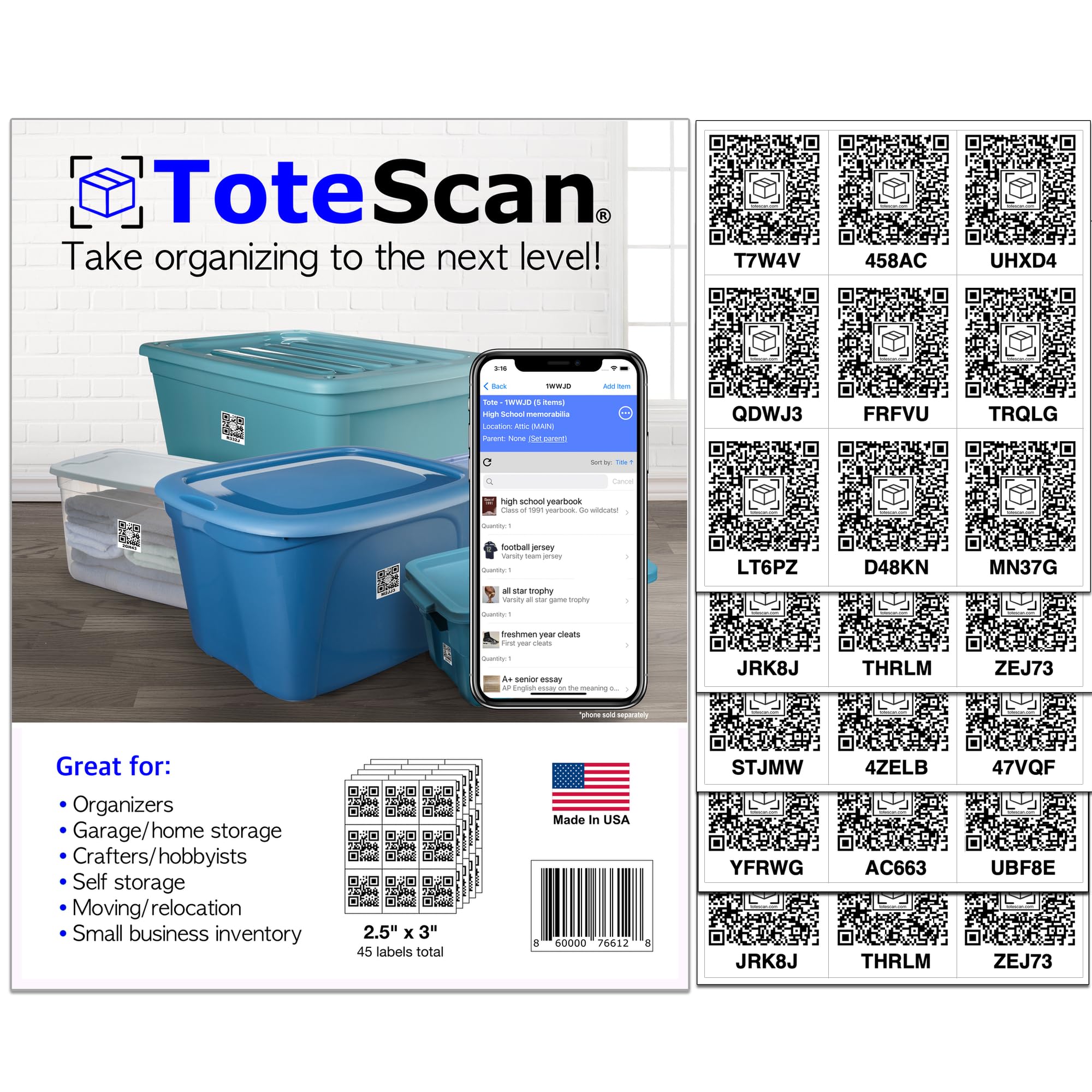 Totescan Intelligent Qr Labels For Organization/Moving/Storage (45 Unique Labels, 2.5'X3')