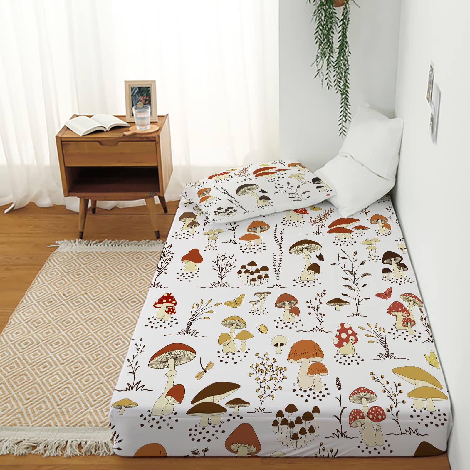 Musolei Mushroom Fitted Sheet,Mushroom Sheets Mushroom Bedding,Cottagecore Bedding Mushroom Decor For Kids Boys Nursey Girl Twin