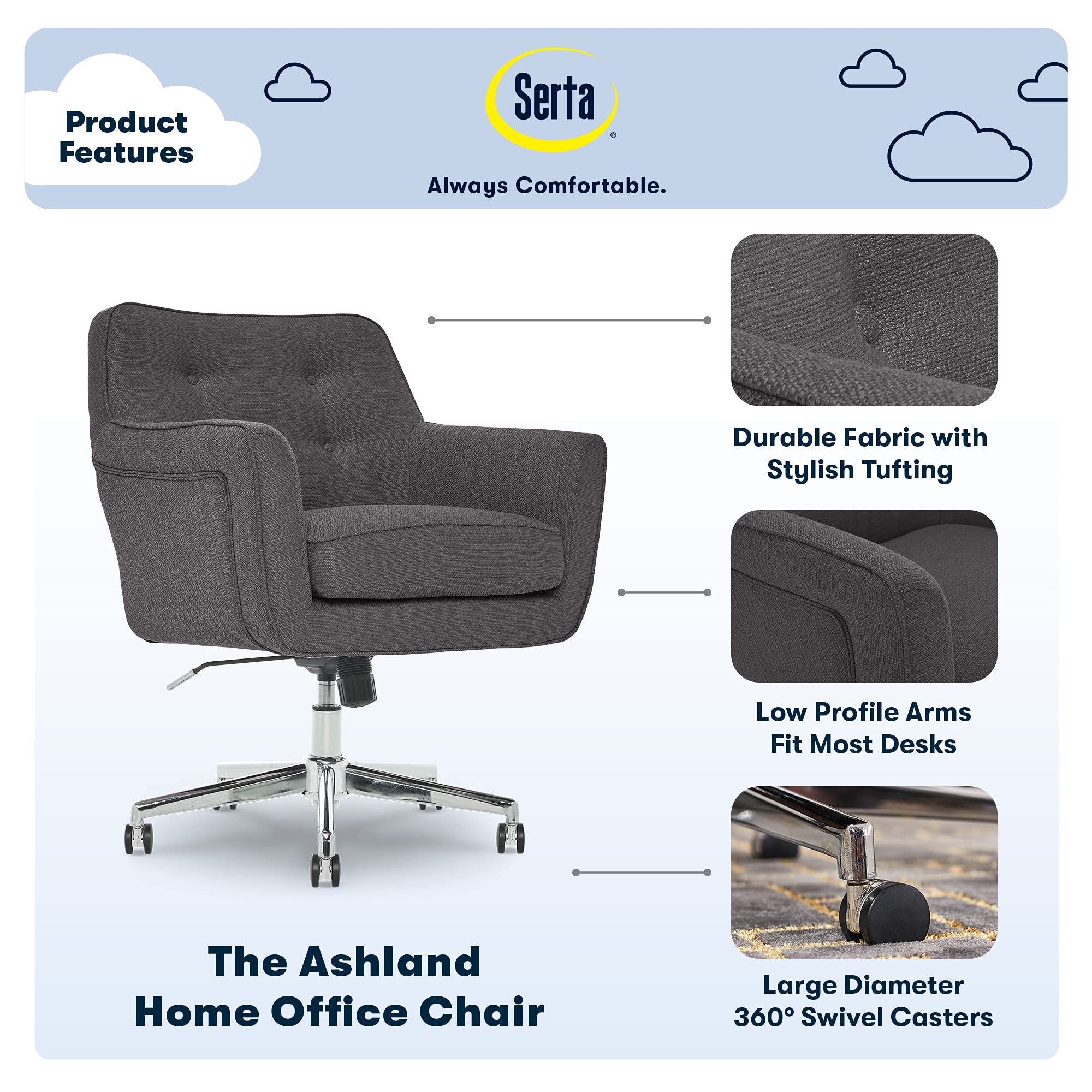 Serta Ashland Home Office Desk Chair With Button Tufted Mid-Back, Memory Foam Cushion And Padded Arms, Mid Century Modern Vanity Armchair With Wheels For Bedroom, Chrome Metal Base, Dark Gray