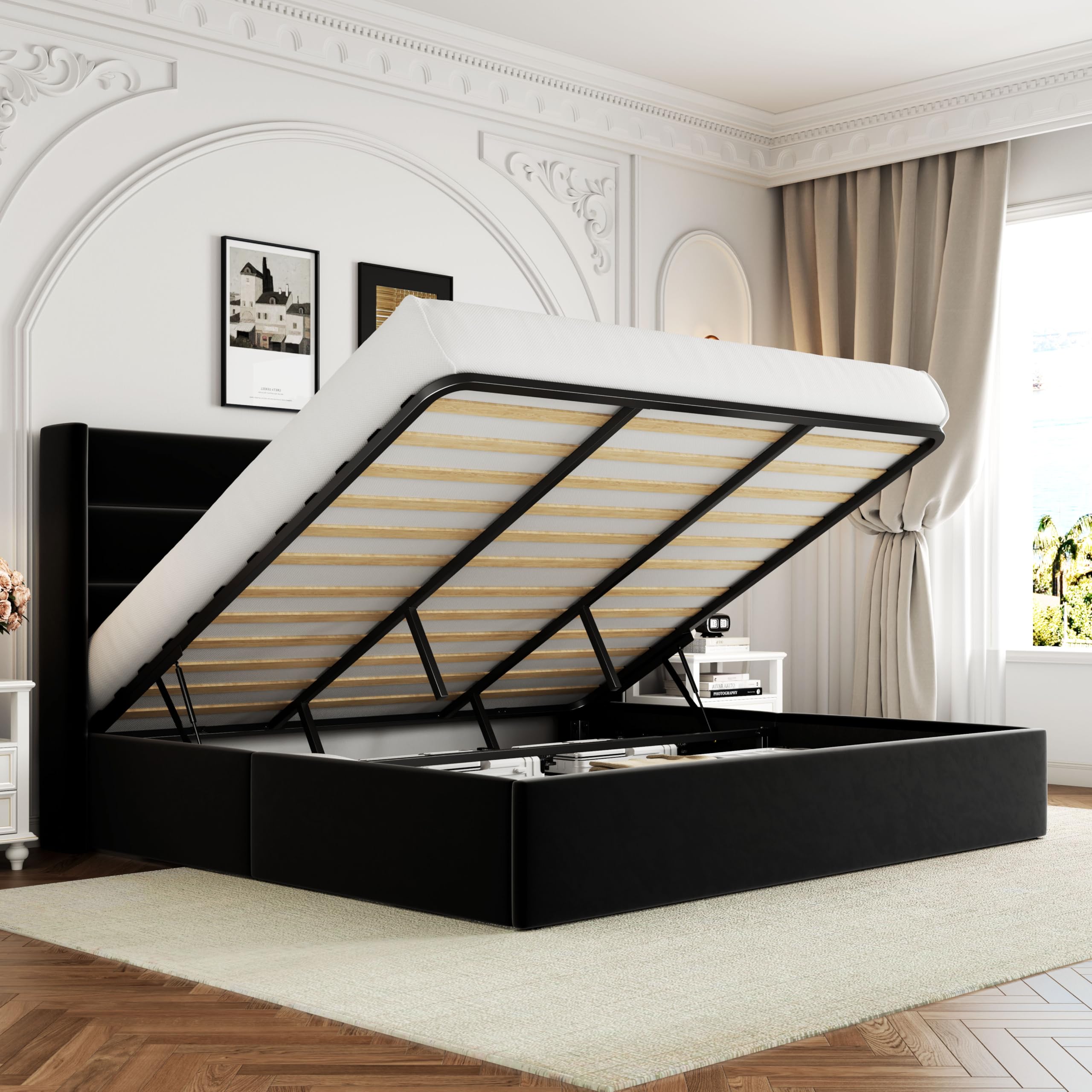 Allewie King Size Velvet Lift Up Storage Bed, Modern Wingback Headboard, Hydraulic Support, No Box Spring Needed, Black