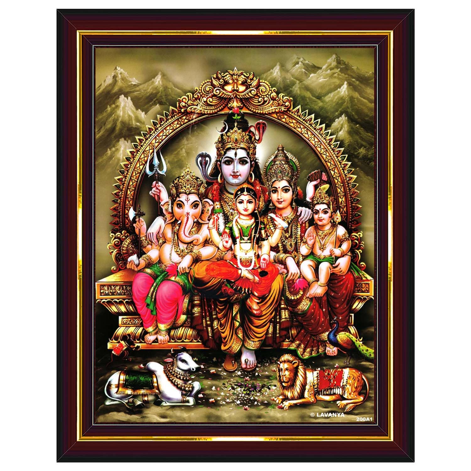 Pavan Photo Laminations Shiv Parivar Family Siva Parvati Lord Shiva Wall Painting Framed Home Decor (Wood,Acrylic,Brown,Small Si