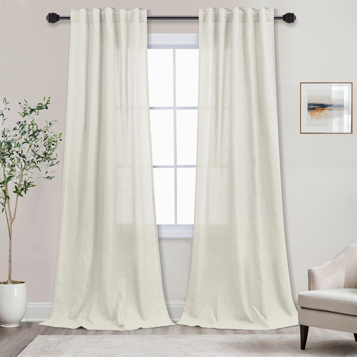 Cream Flax Linen Textured Curtains 42X84 Inches Long For Living Room,Back Tab/Rod Pocket Bedroom Natural Semi Sheer Window Curta