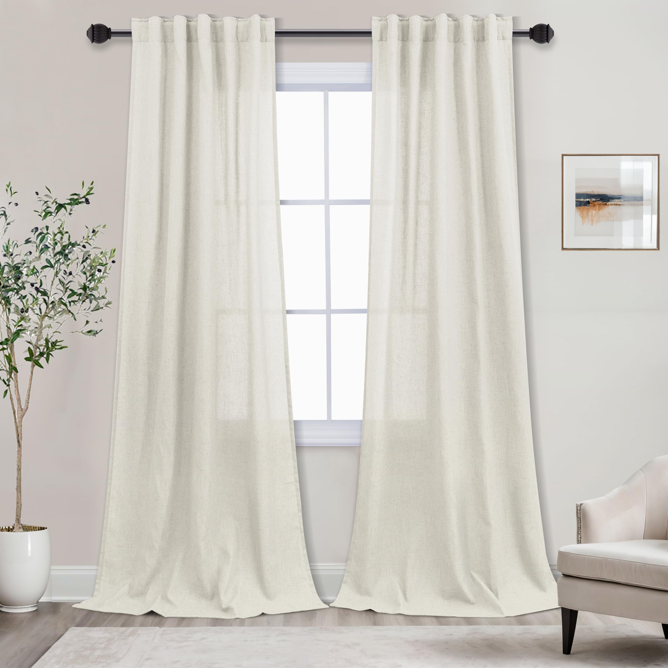Cream Flax Linen Textured Curtains 42X84 Inches Long For Living Room,Back Tab/Rod Pocket Bedroom Natural Semi Sheer Window Curta