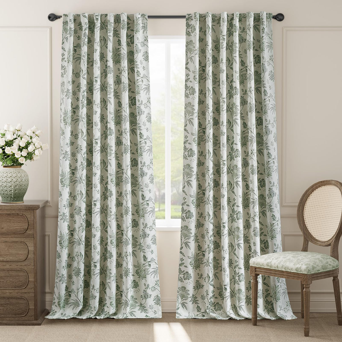 Jinchan Blackout Floral Curtains For Bedroom, 108 Inches Long Curtains With Printed Flower Black Out Curtains, Rod Pocket Back T
