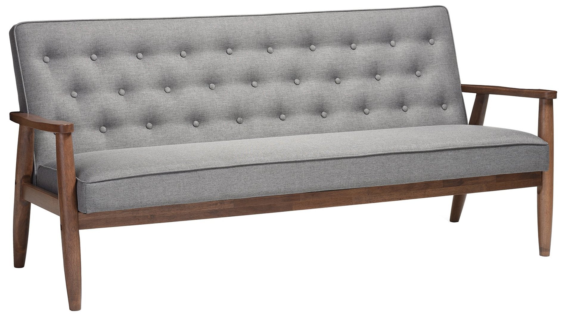 Baxton Studio Sorrento Mid-Century Retro Modern Fabric Upholstered Wooden 3-Seater Sofa, Grey 70.59 x 29.45 x 32.96