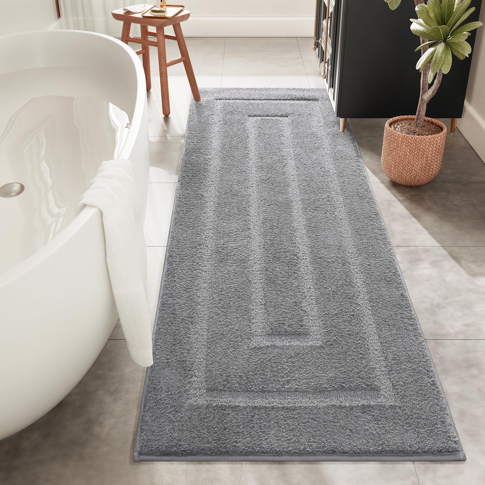 HOMORE 24x70 inch Long Bathroom Rug, Grey Absorbent Microfiber Bathroom Runner Rug, TPR Backing Non Slip Bath Rug for Bathroom, 