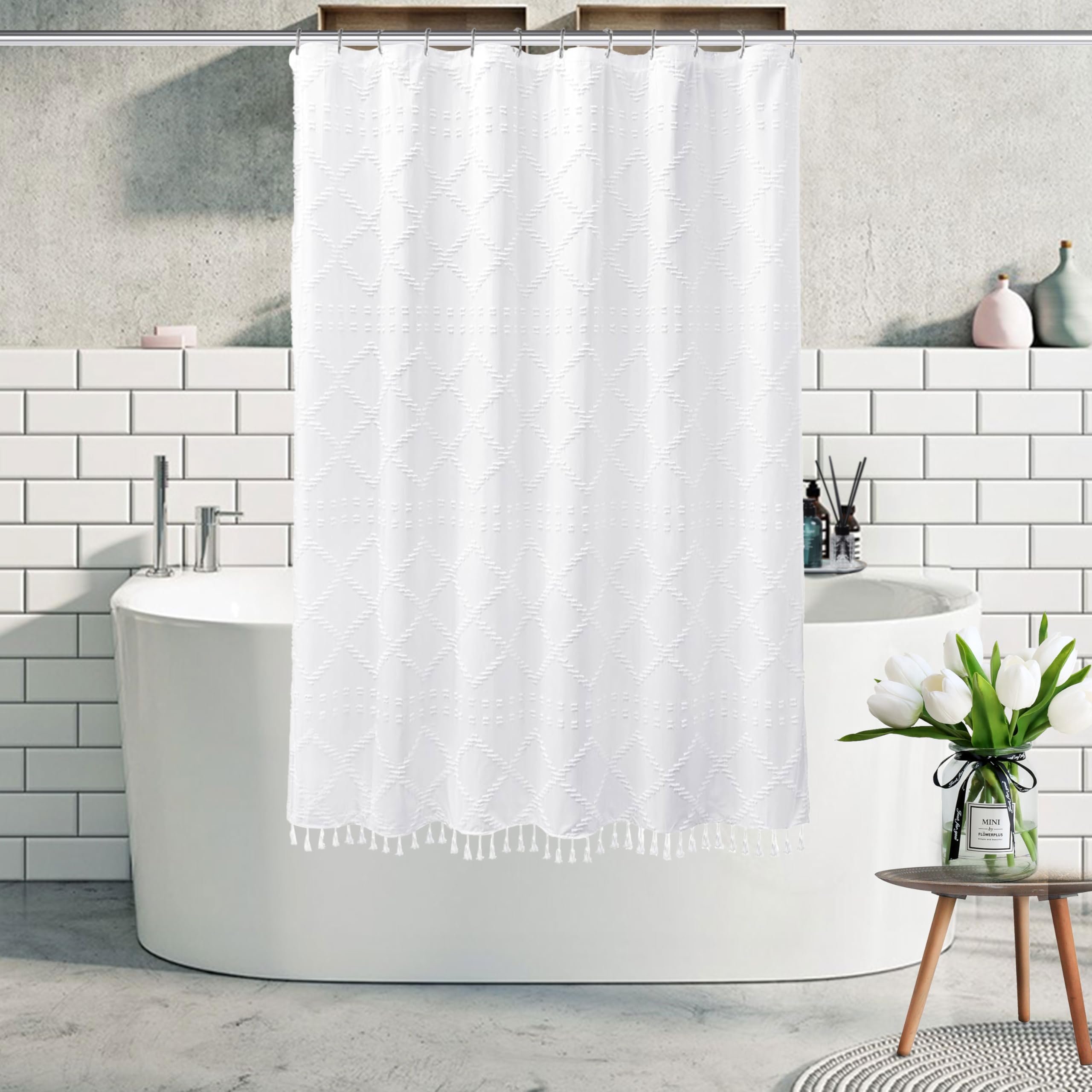 Stall Boho White Woven Fabric Rv Shower Curtain With Tassels 48 X 64 Modern Farmhouse Minimalist Tufted Chevron Striped Shabby C