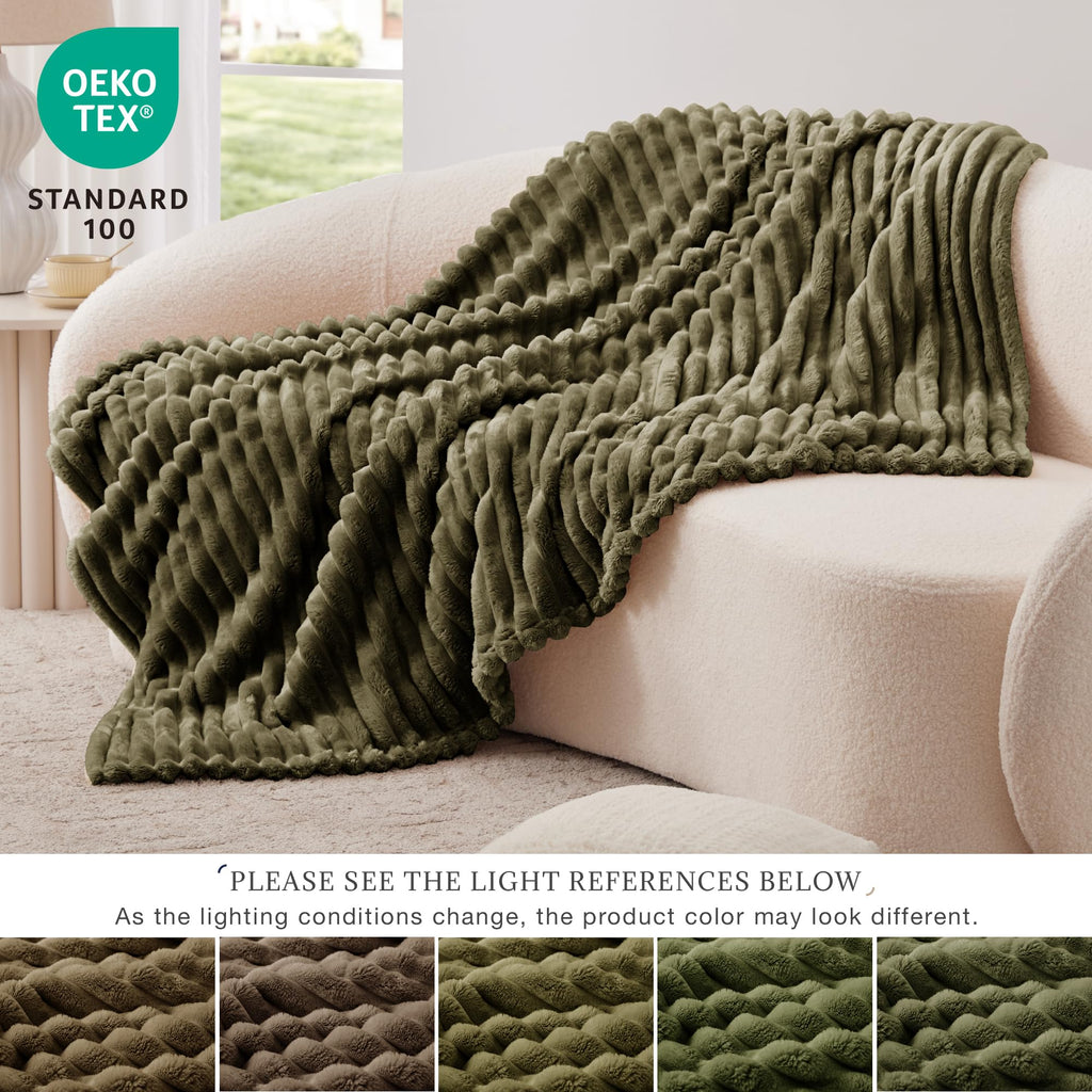 Exq Home Fleece Blanket Queen Size For Couch Or Bed - 3D Stripe Jacquard Decorative Blankets - Cozy Soft Lightweight Fuzzy Flann
