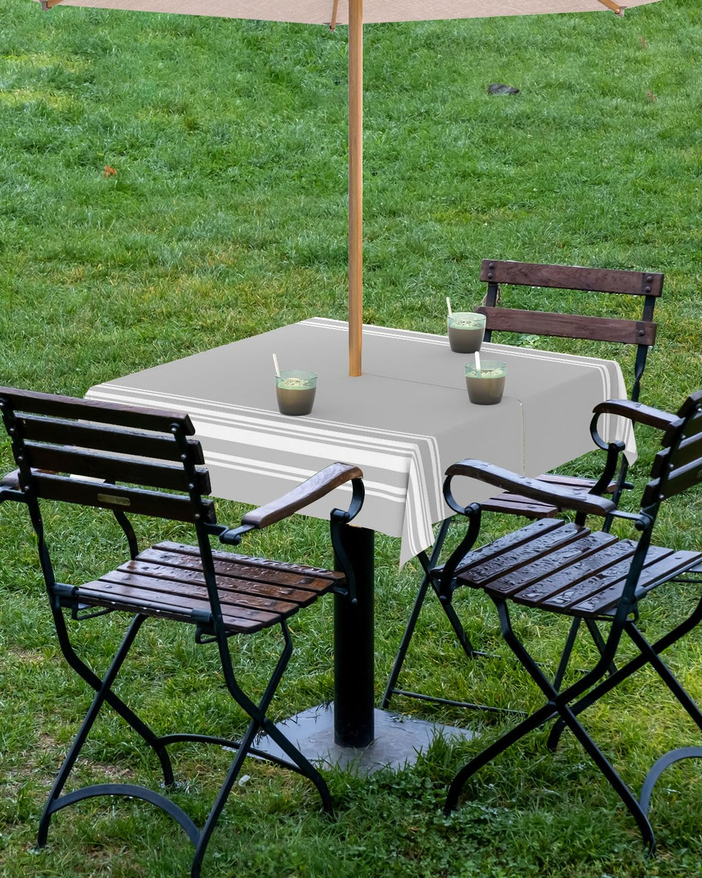 Queenker Outdoor Tablecloth With Umbrella Hole, Farmhouse Gray White Stripe Square Tables Waterproof Tabletop Collection For Pat