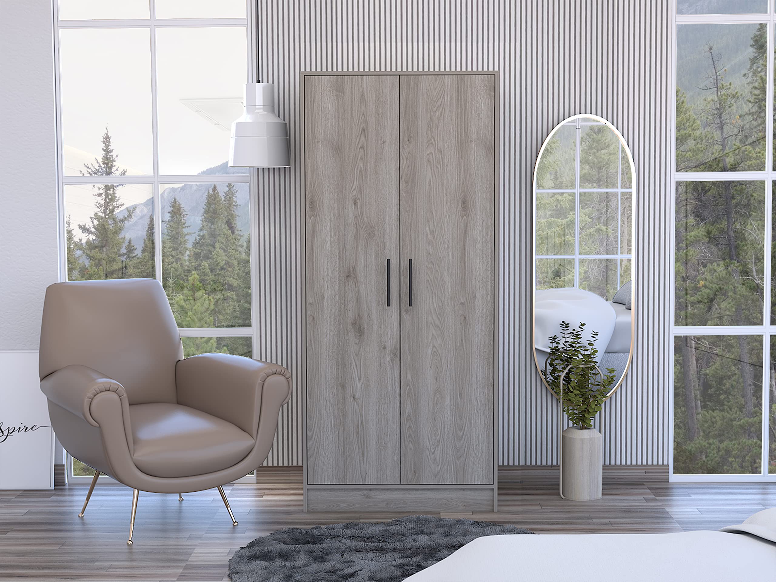 Darwin 180 Armoire with Double Doors, Metal Rod, Top Shelf, and Drawer, Light Gray