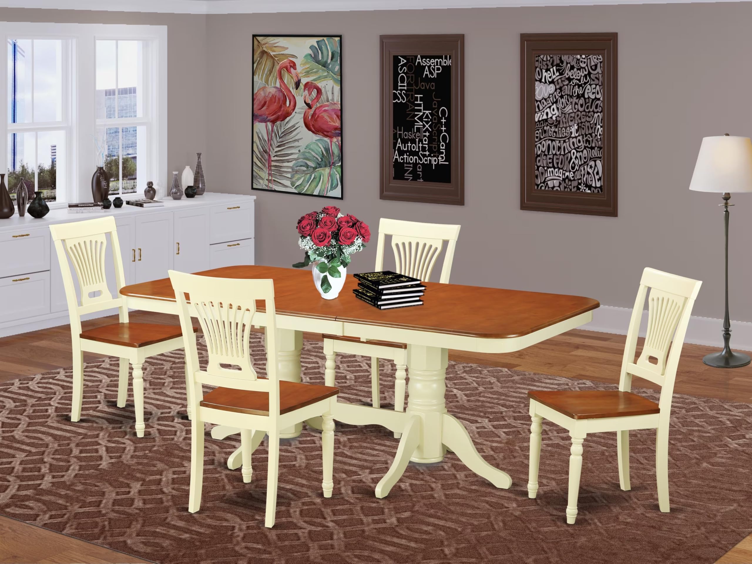 East West Furniture NAPL5-WHI-W 5 Piece Modern Dining Table Set Includes a Rectangle Wooden Table with Butterfly Leaf and 4 Kitchen Dining Chairs, 40x78 Inch, Buttermilk & Cherry
