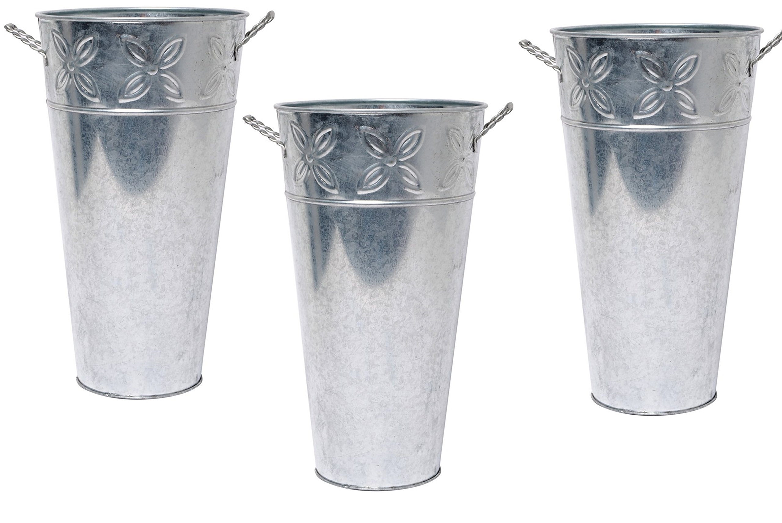 Hosley Set of 3 Galvanized Vases 12 Inch High Each French Bucket Design Ideal Gift for Wedding Special Events Aromatherapy Spa R