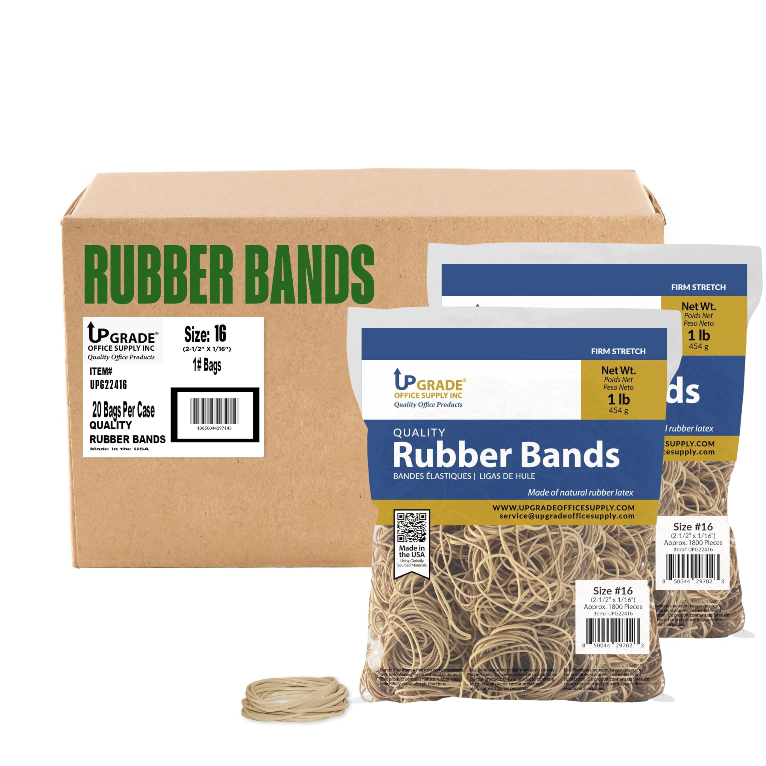 Upgrade Office Supply Rubber Bands, Size #16 (2-1/2 X 1/16), 1 Lb Bags, 20 Lb Case, Usa