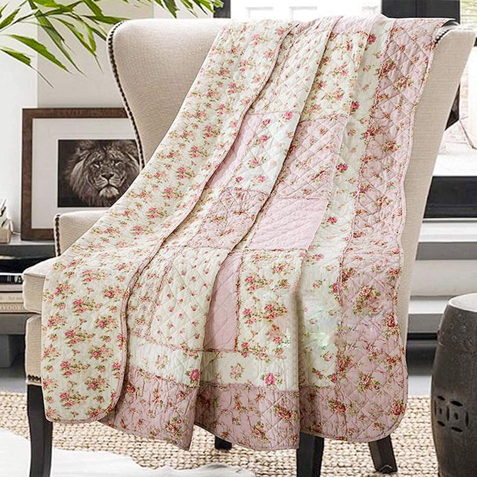 Twin Size Cotton Patchwork Quilt Throw Blanket For Couch Sofa Pink Vintage Floral Reversible Lightweight Quilted Bedspread Cover
