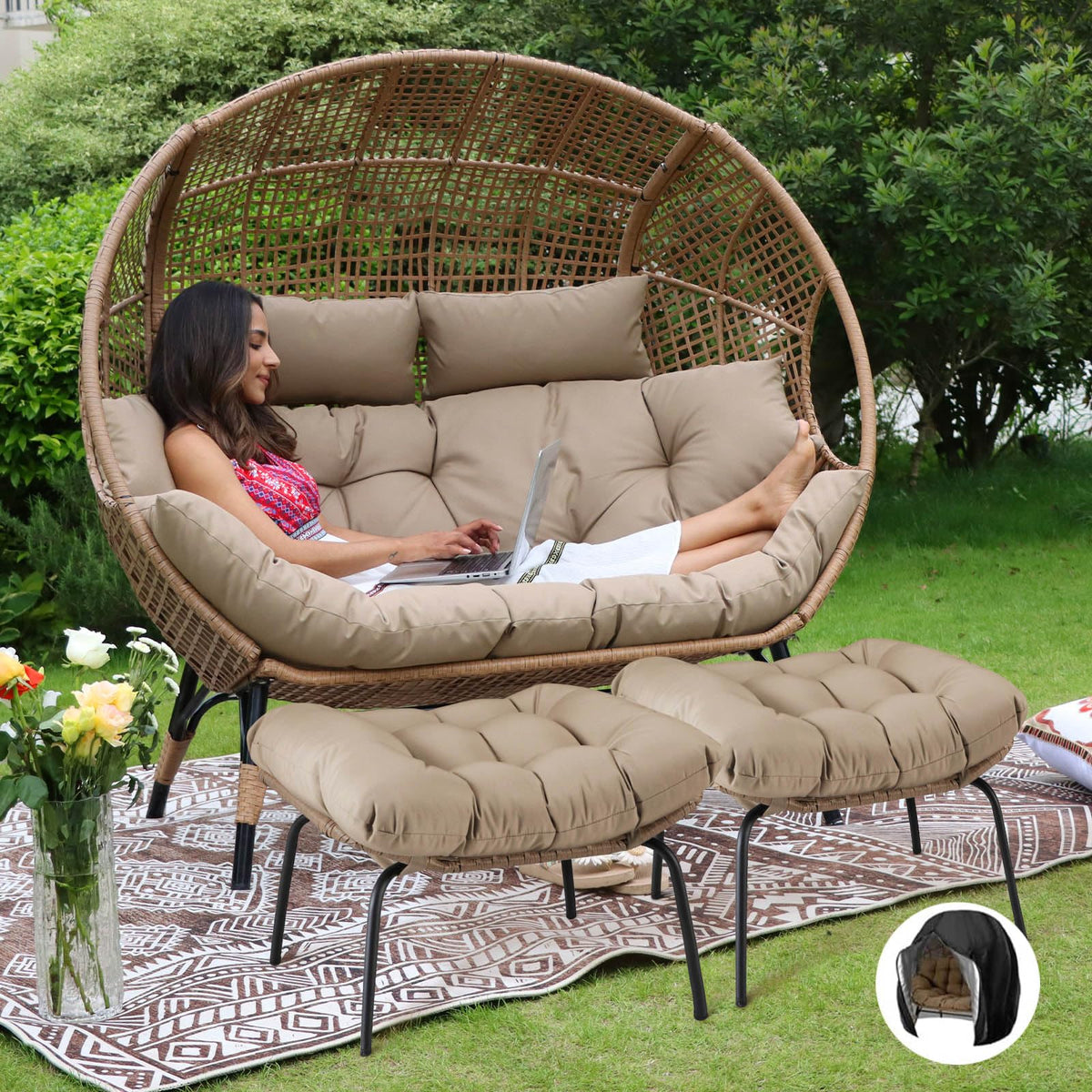 Nicesoul Indoor Outdoor Double Egg Chair With Footstools & Cushions, Oversized Wicker Egg Shaped Chair With Footrest, Stationary 2 Seater Comfy Loveseat For Patio Backyard Garden Sunroom Xmas Gift