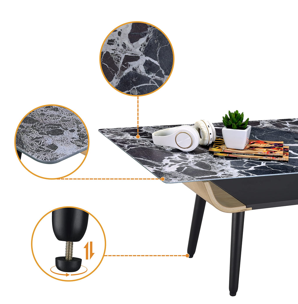 Lilola Home Landon Coffee Table with Glass Black Marble Texture Top and Bent Wood Design