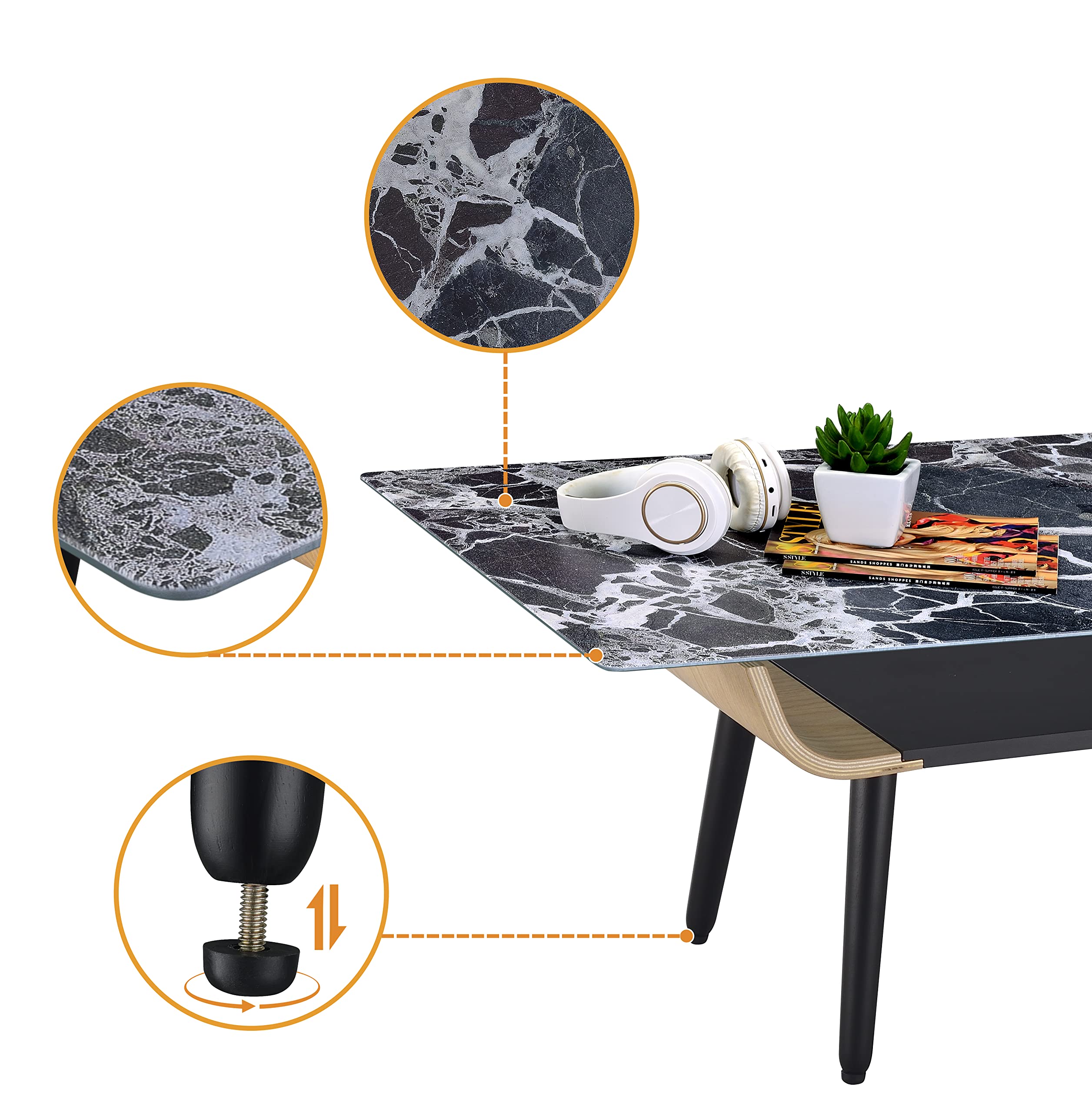 Lilola Home Landon Coffee Table with Glass Black Marble Texture Top and Bent Wood Design