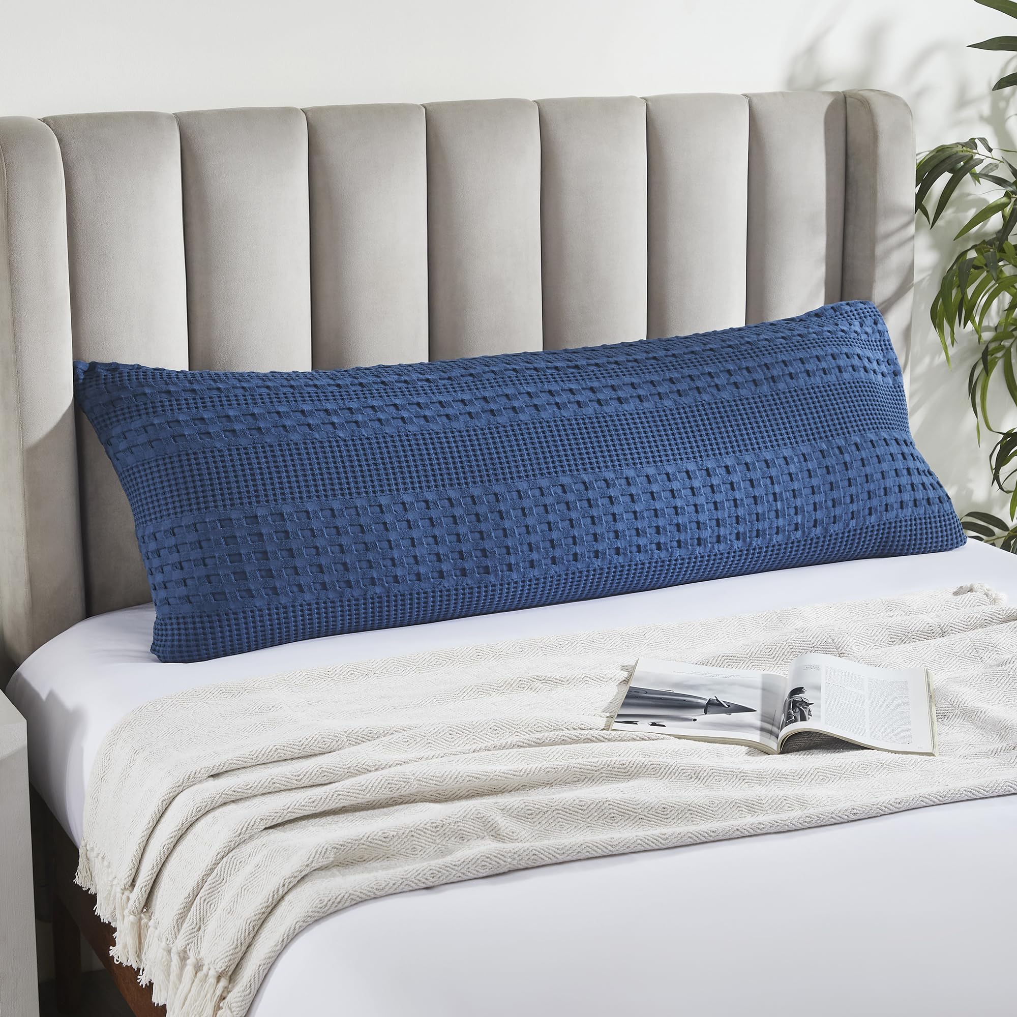 VHC Brands Waffle Weave Navy Blue Body Pillow Cover 20x54, Decorative Throw Pillow Cover/Sham, Boho Farmhouse Bedroom Decor