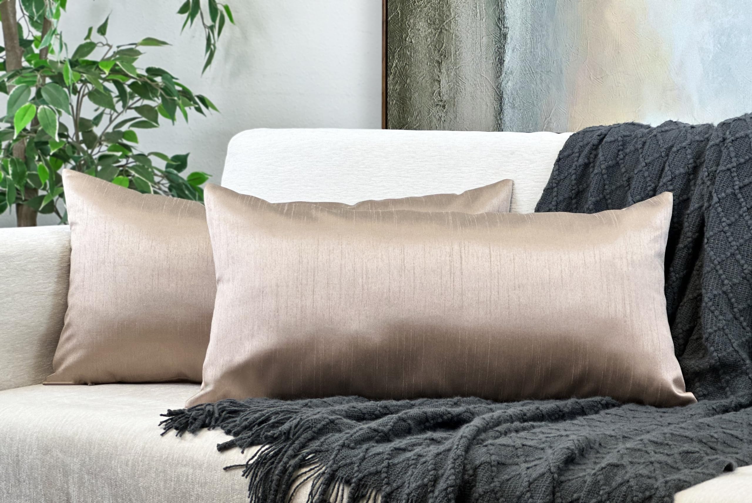 Aiking Home 12X24 Inches Faux Silk Rectangular Throw Pillow Cover, Zipper Closure, Sand (Set Of 2)