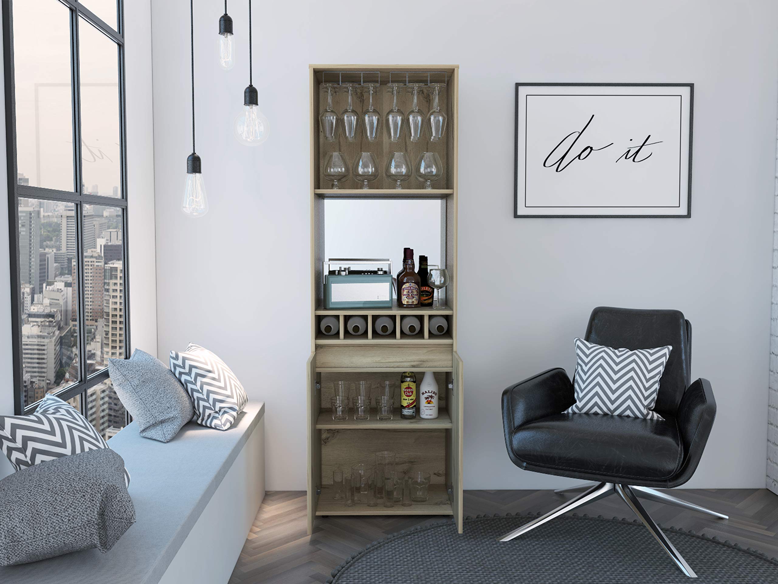 Dallas Bar Double Door Cabinet, 5 Built-in Wine Rack, 2 Shelves, 2 Interior Shelves, Light Oak