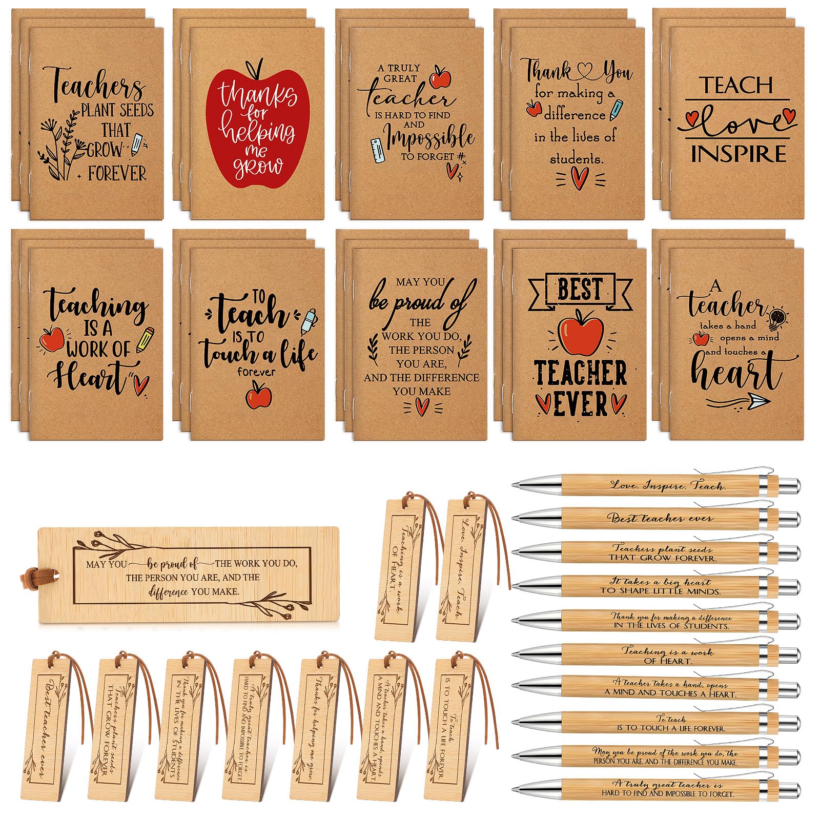 Yeaqee 90 Pcs First Day Of School Teacher Appreciation Gifts Bulk 30 Thank You Kraft Notebooks 30 Teacher Pens 30 Wood Inspirati