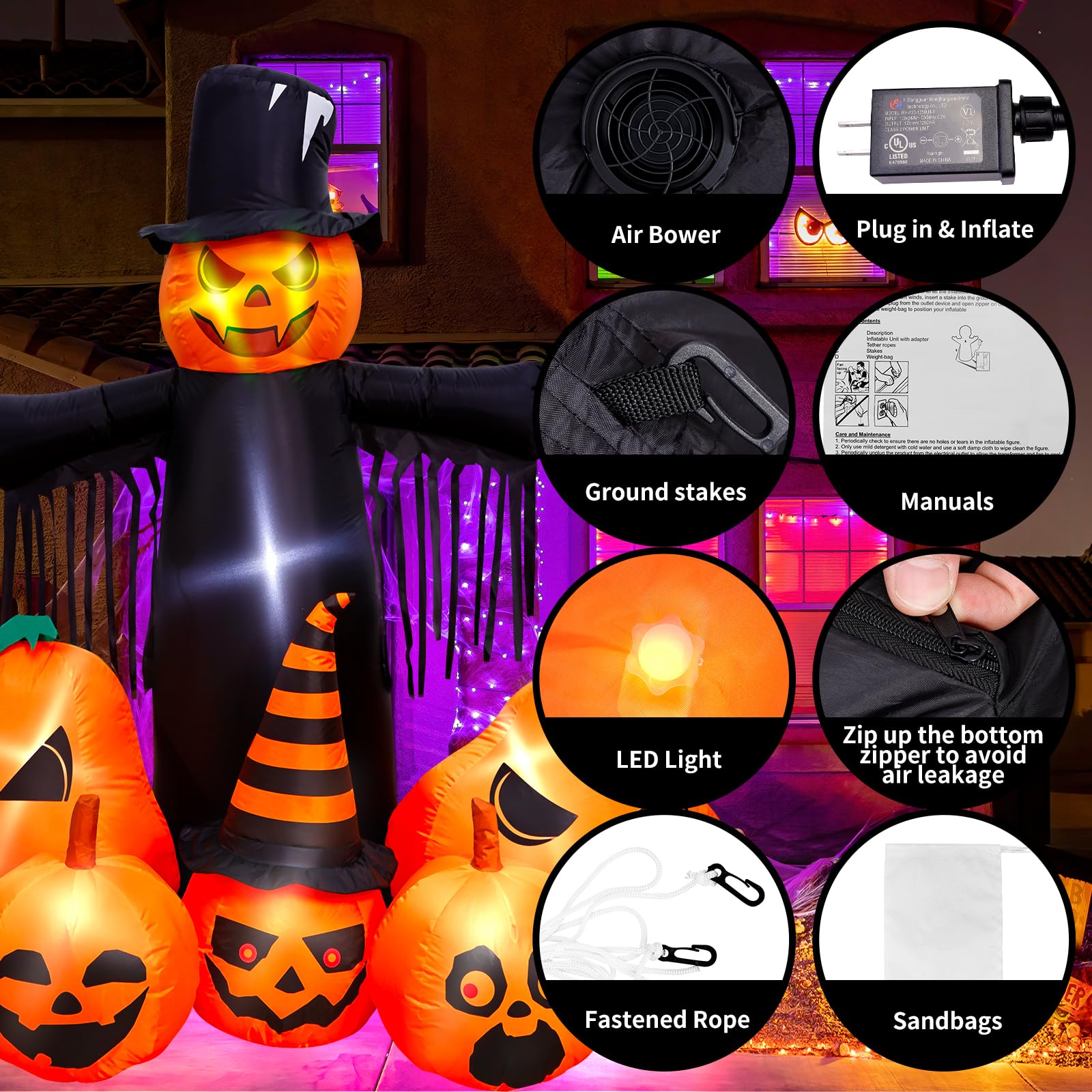 Max Fun 7Ft Halloween Inflatables Pumpkin Decorations With Led Build-In Halloween Yard Decoration Blow Up Inflatables For Outdoo