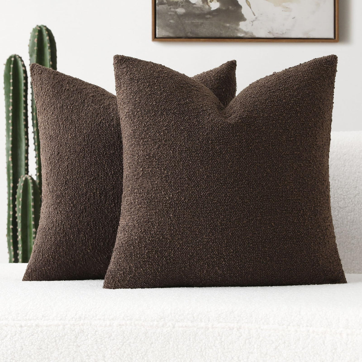 Futei Pack Of 2 Dark Coffee Boucle Accent Decorative Throw Pillow Covers,26X26 Inch Soft Solid Textured Euro Pillow Shams,Home D