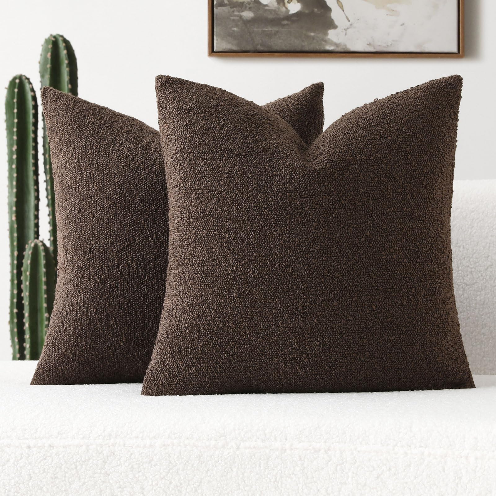 Futei Pack Of 2 Dark Coffee Boucle Accent Decorative Throw Pillow Covers,18X18 Inch Soft Solid Textured Cushion Case,Home Decor