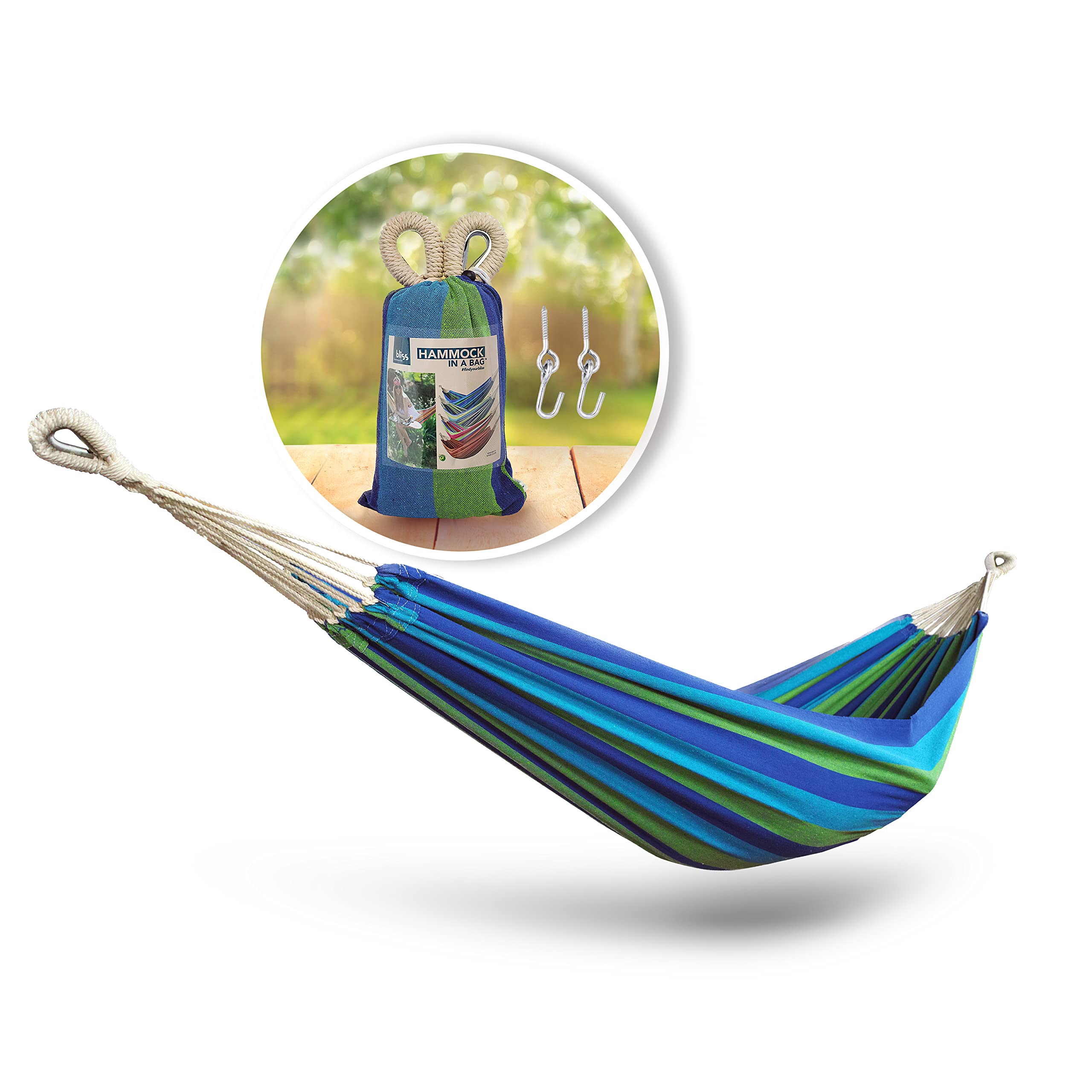 Bliss Hammocks Bh-400-Sb 40' Wide Hammock W/Hand-Woven Rope Loops & Hanging Hardware, Outdoor, Patio, Backyard Durable, Cotton