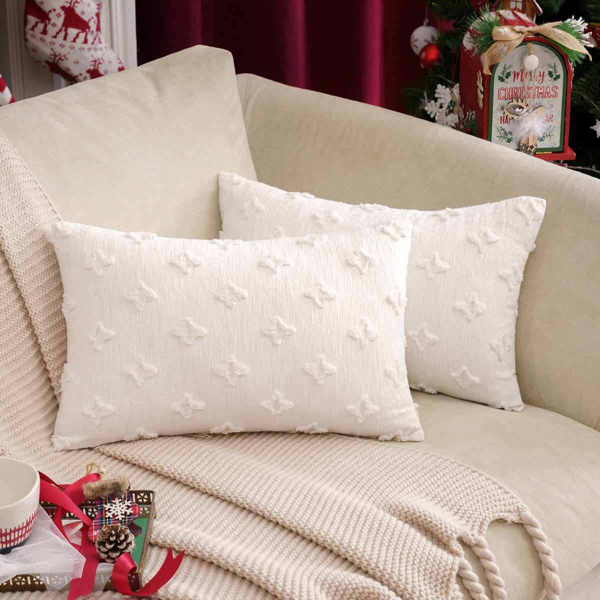 Miulee Set Of 2 Decorative Throw Pillow Covers Rhombic Jacquard Pillowcase Soft Rectangle Cushion Case For Christmas Couch Sofa