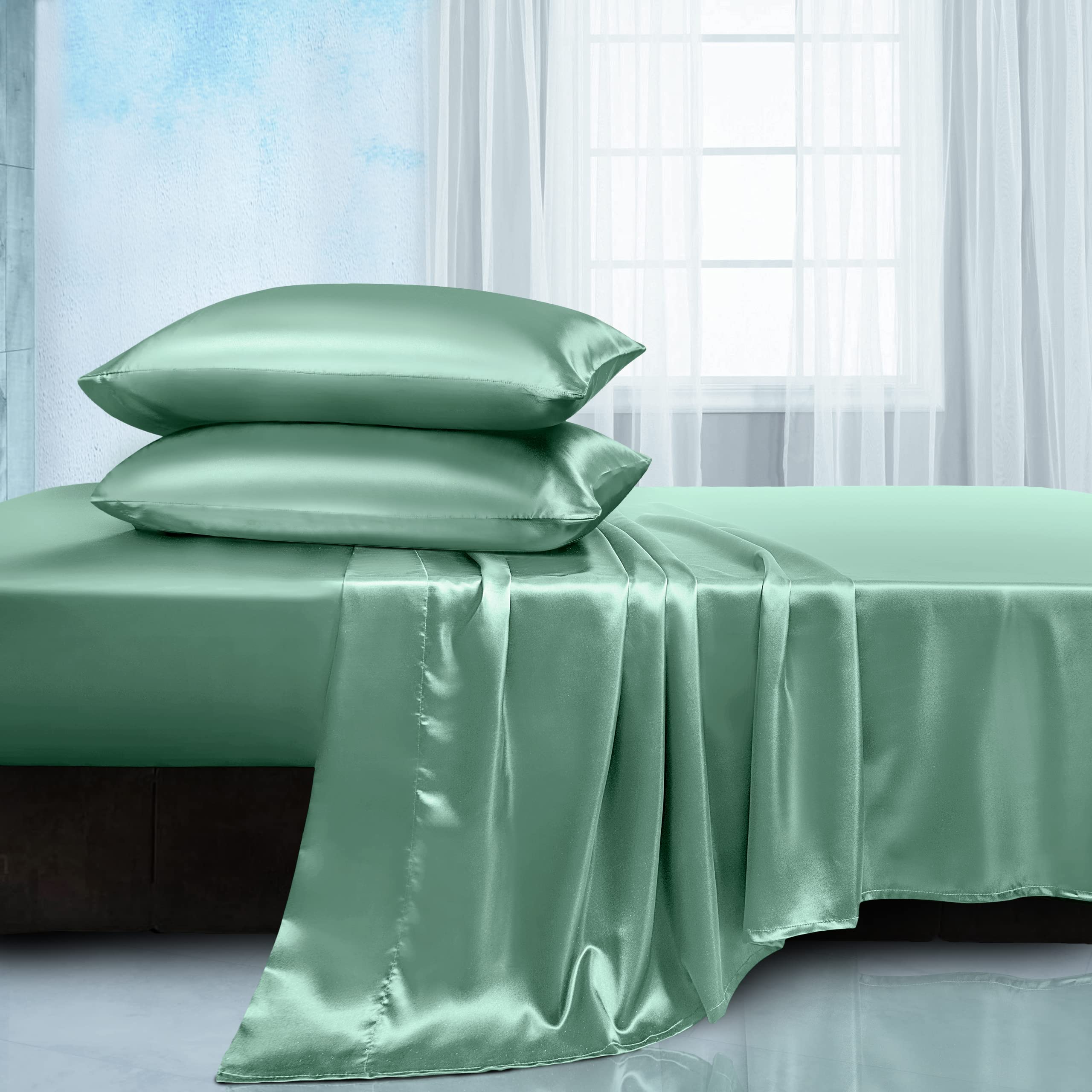 Manyshofu Satin Queen Sheets Set 4 Piece - Soft Silky Satin Sheets Set, Sage Green Satin Bed Sheets Cooling & Luxury Bedding She