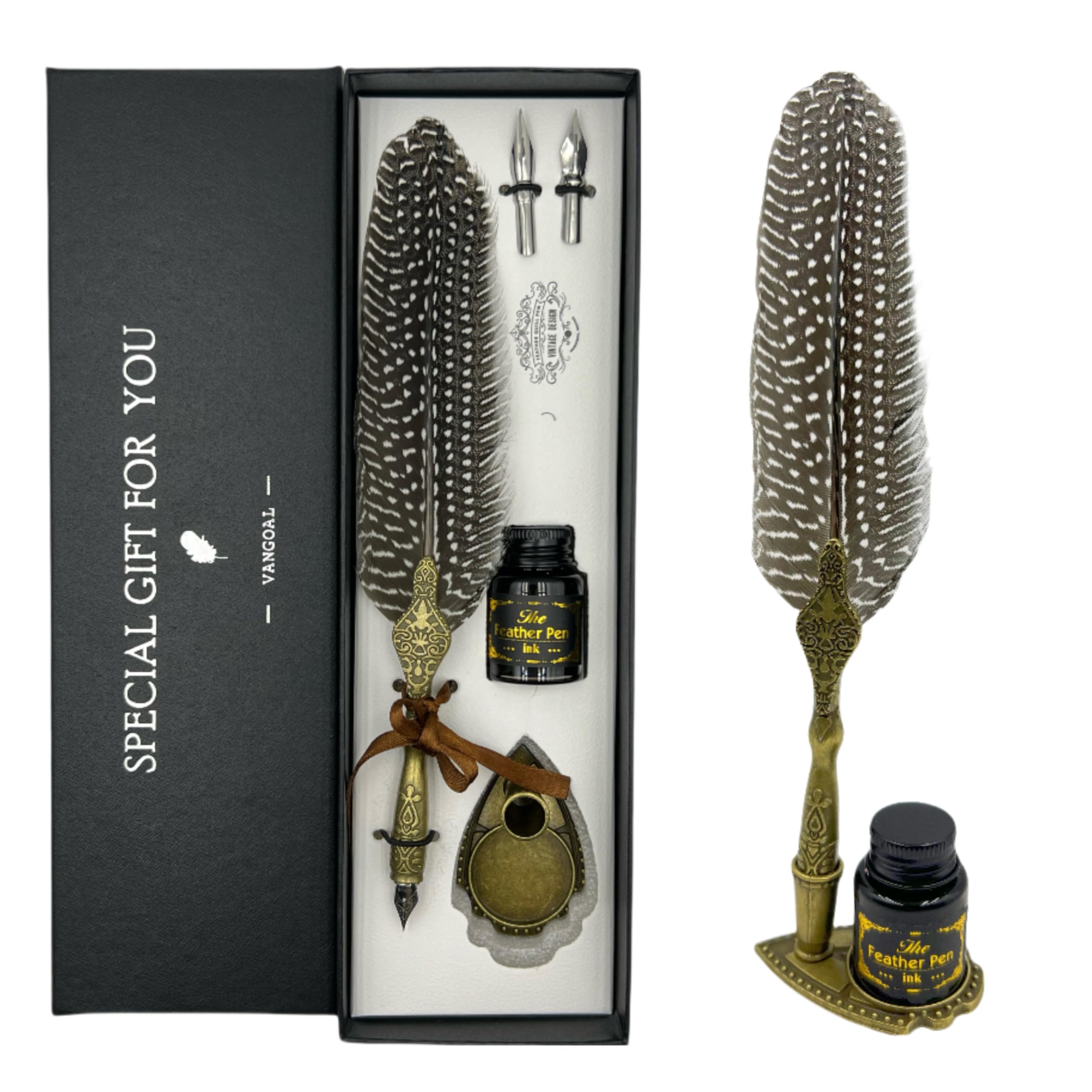 Vangoal Vintage Feather Pen And Ink Set, Classic Series Pheasant Quill Pen With Carving Pen Stand, Calligraphy Pen Nibs, Black D
