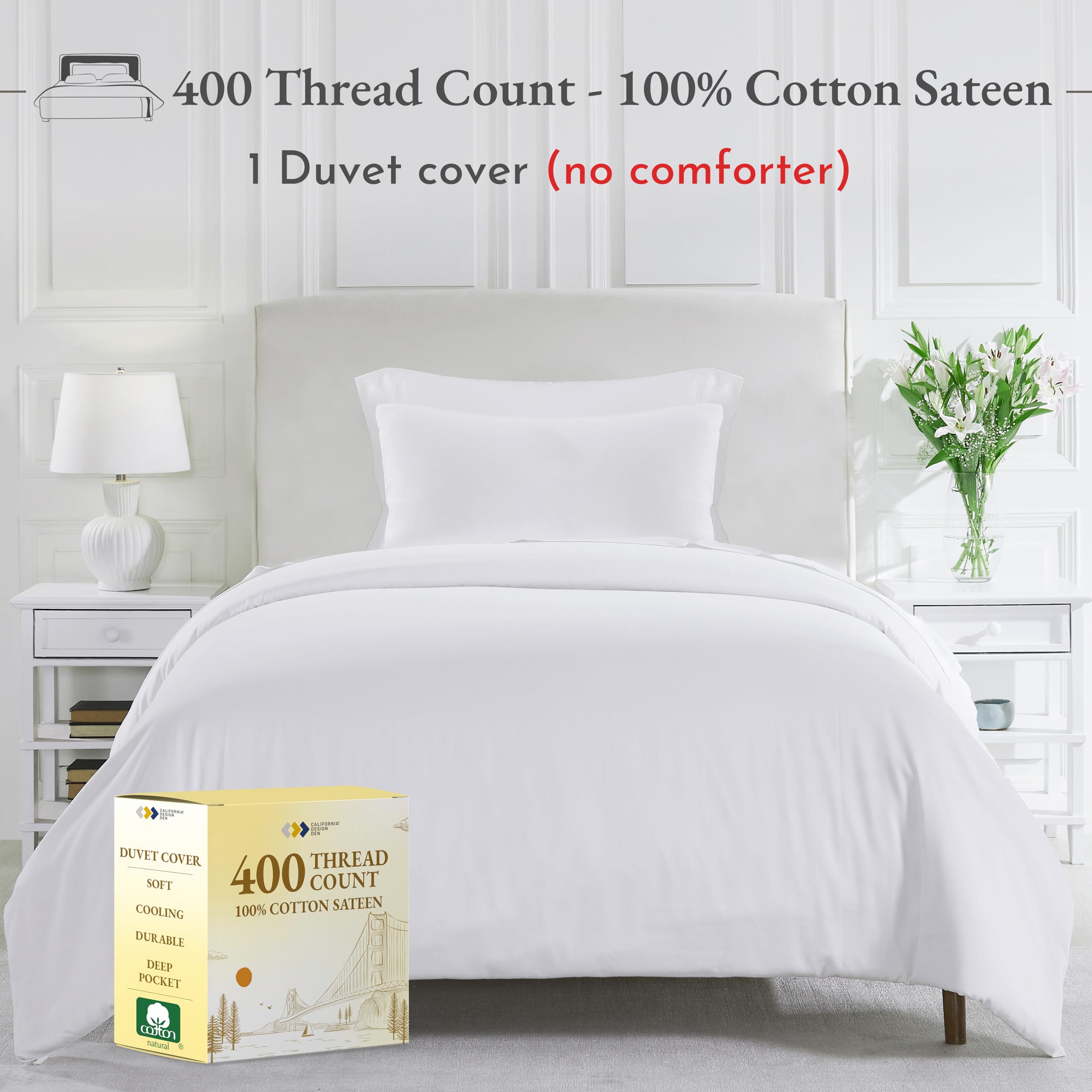 Twin Xl/Twin Size Duvet Cover Only, 400 Thread Count 100% Cotton Duvet Cover Twin Xl/Twin, Cooling Comforter Cover Cotton With Button Closure And Corner Ties (White)
