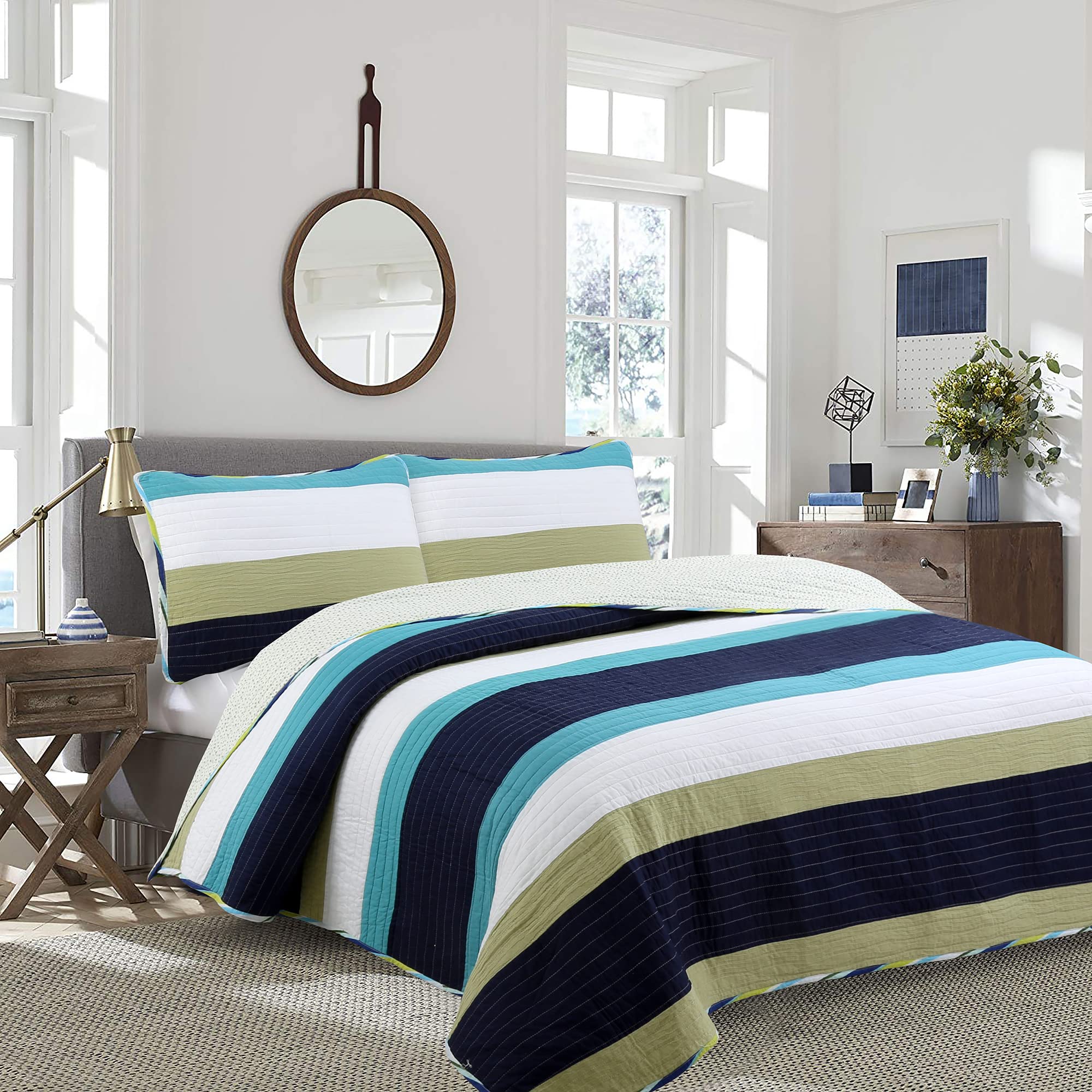Cozy Line Home Fashions Navy Blue Sage Green Striped Boy 100% Cotton Reversible Quilt Bedding Set, All-Season Coverlet Bedspread