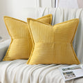 Haussy Mustard Yellow Decorative Throw Pillow Covers 24X24 Inch Set Of 2,Soft Solid Corduroy Striped Cushion Case,Square Euro Pi