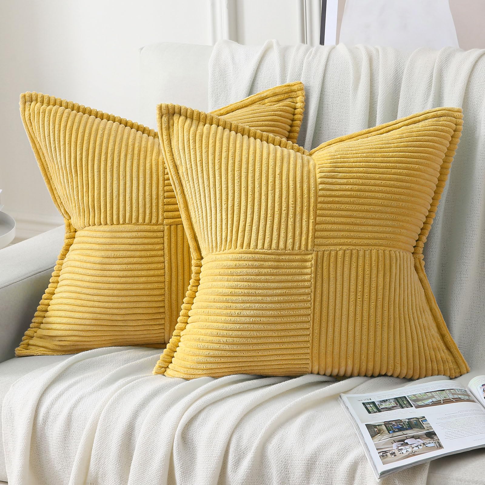 Haussy Mustard Yellow Throw Pillow Covers 14X14 Inch Set Of 2,Soft Solid Corduroy Striped/Wide Bordered,Square Decorative Cushio