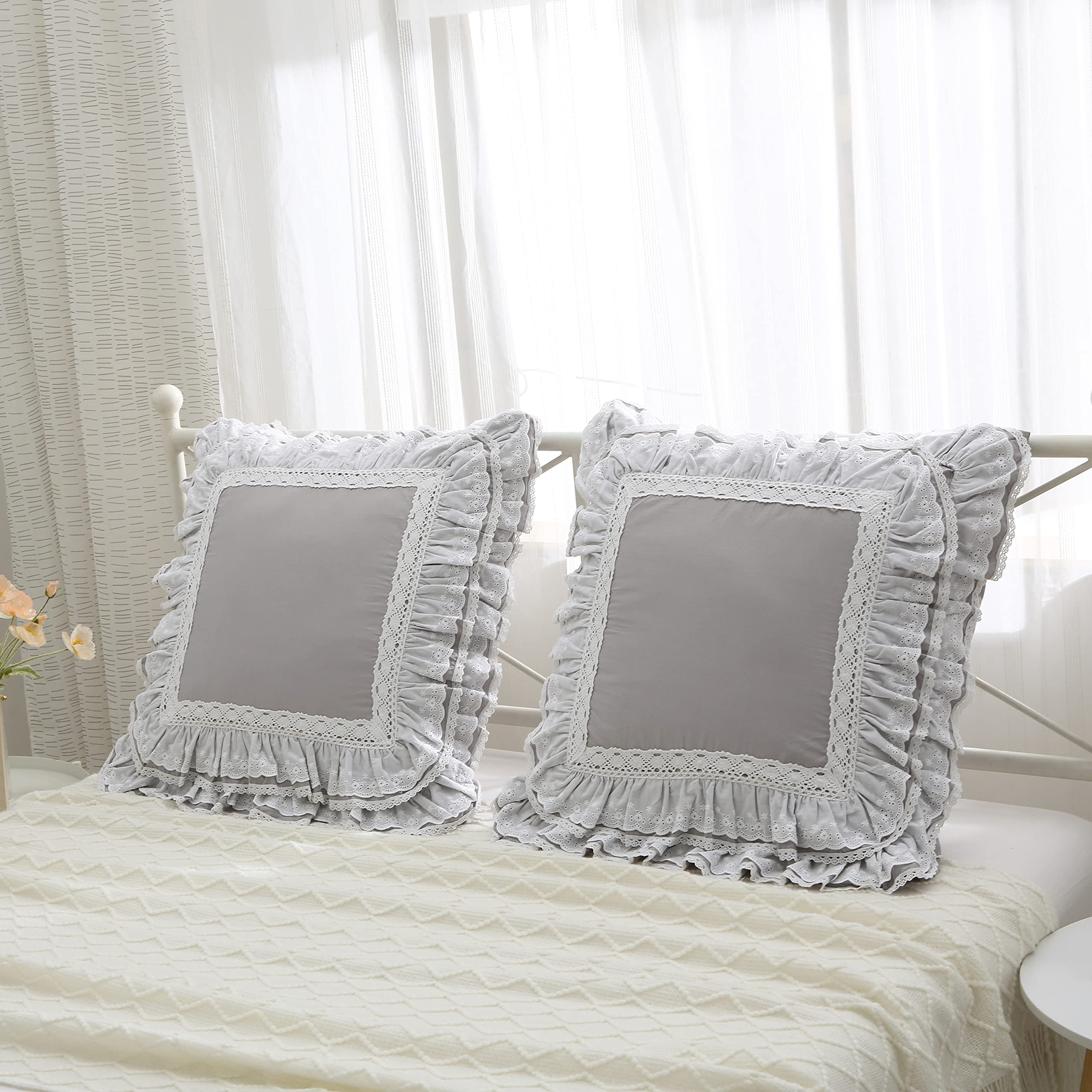 Meaning4 Light Gray Lace Euro Shams Luxury Throw Pillow Covers Cushion Cases With Ruffles Cotton 26'X26' Zipper Closure Elegan