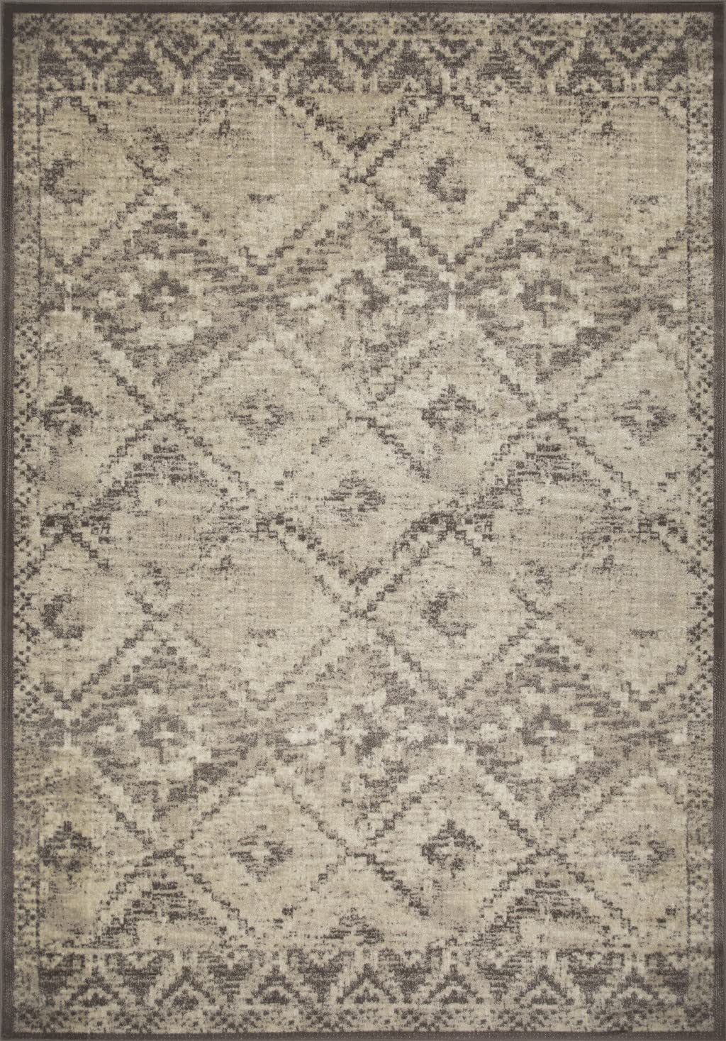 HomeRoots Grey Heat-Set Polypropelene 3’ x 5’ Gray Beige Distressed Diamond Area Rug