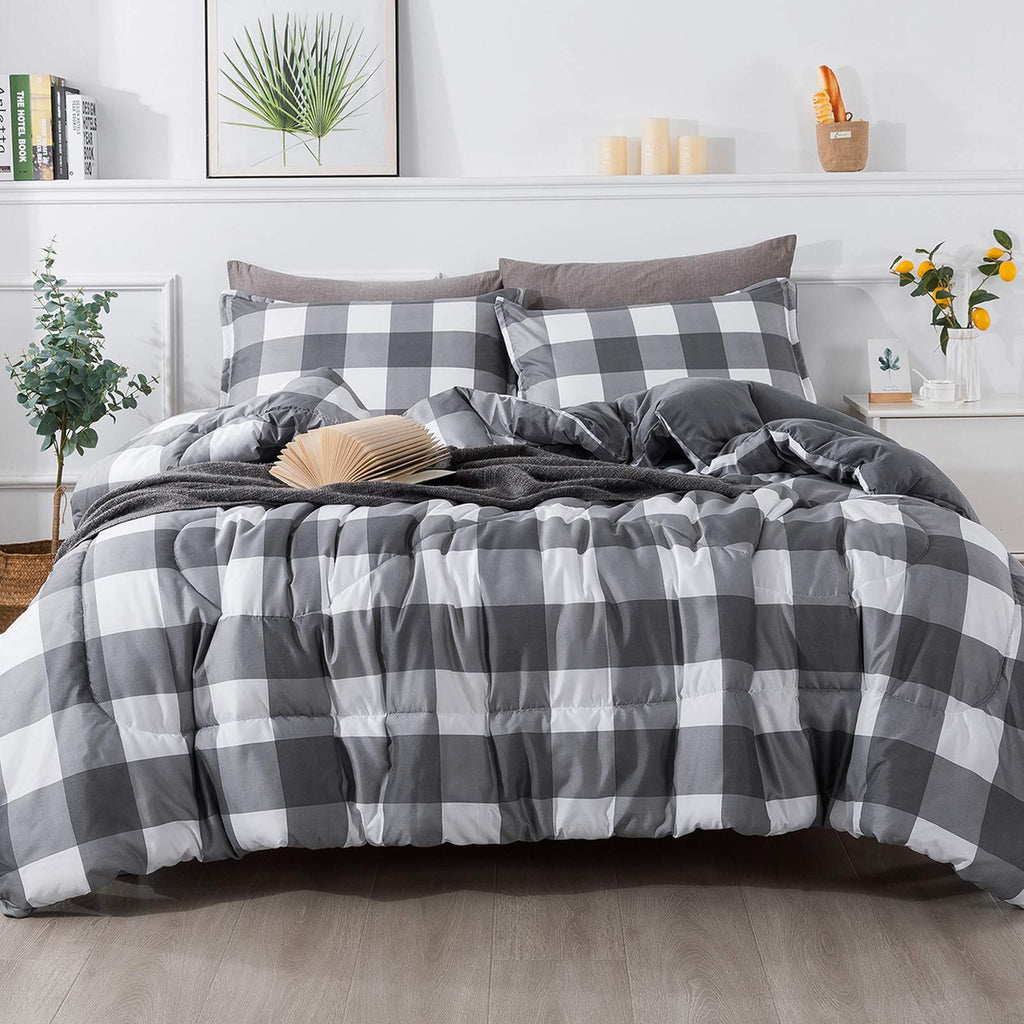 Andency Light Gray Plaid Comforter Twin(66x90 Inch), 2 Pieces(1 Plaid Comforter and 1 Pillowcase) Buffalo Check Plaid Comforter 