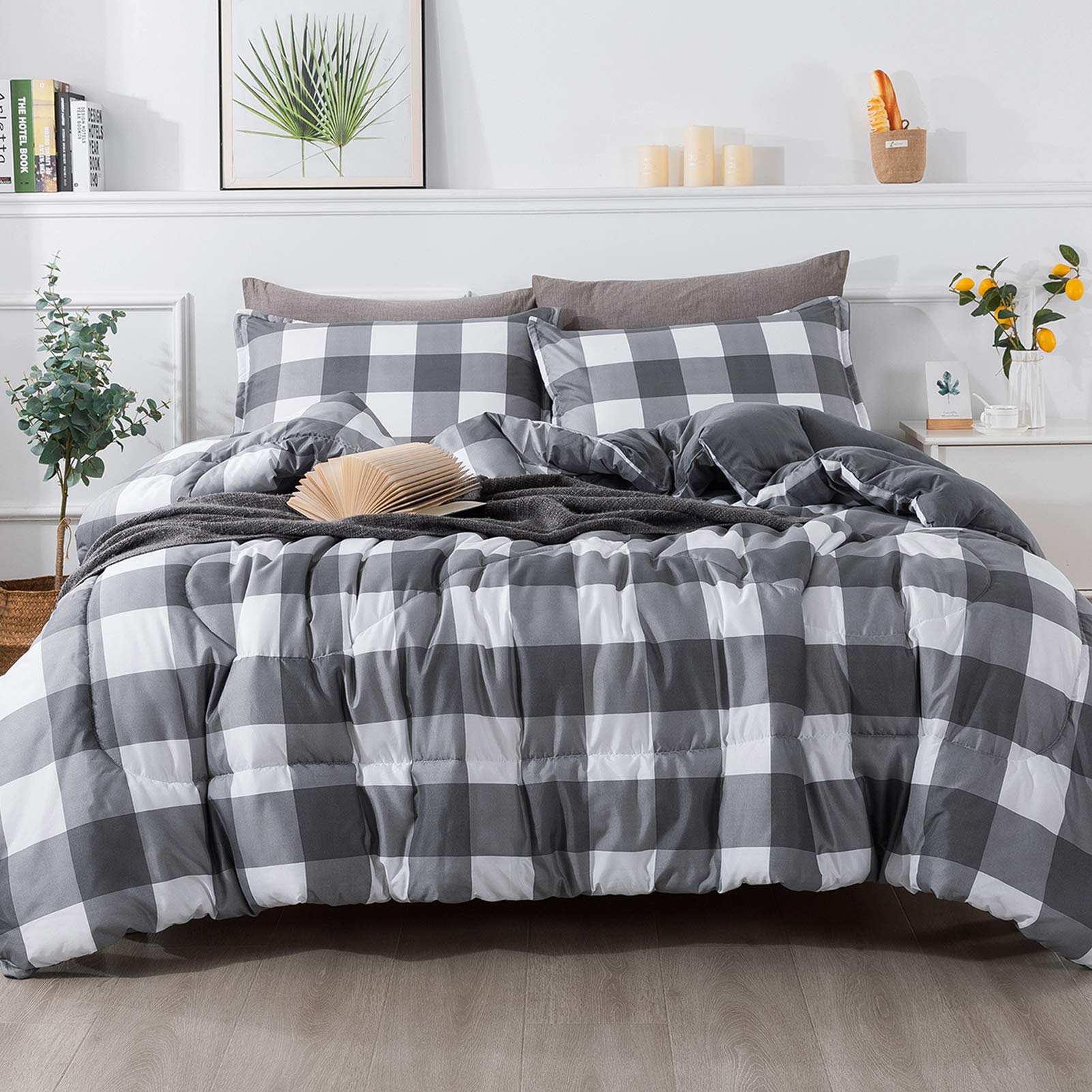 Andency Queen Comforter Set Grey Plaid (90X90 Inch), 3 Pieces(1 Plaid Comforter And 2 Pillowcases) Buffalo Check Plaid Comforter