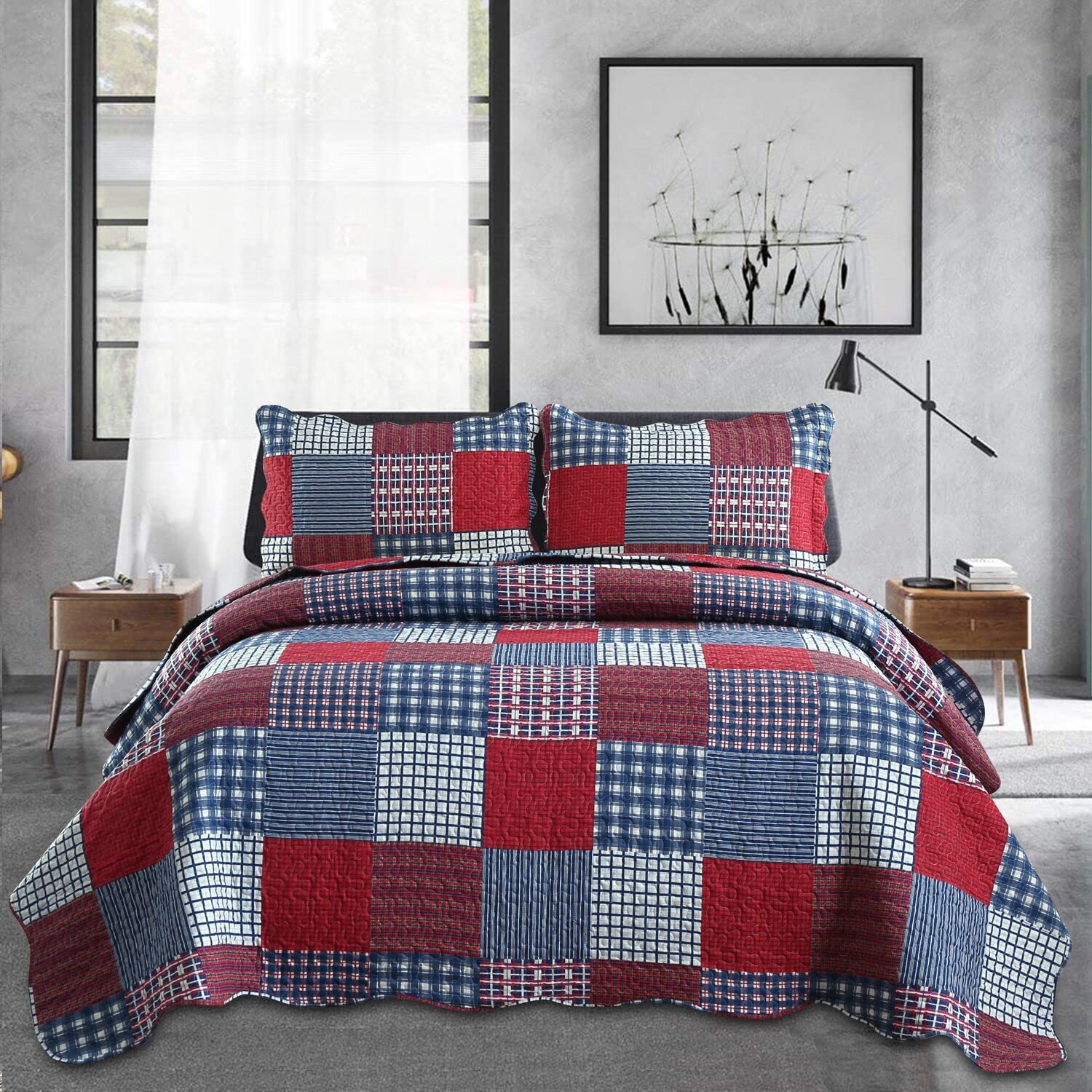 Jessy Home Plaid Quilt Set King Bedspread Coverlet Set Red Blue White Patchwork King Size Quilt Set Bedding Soft Lightweight Qui
