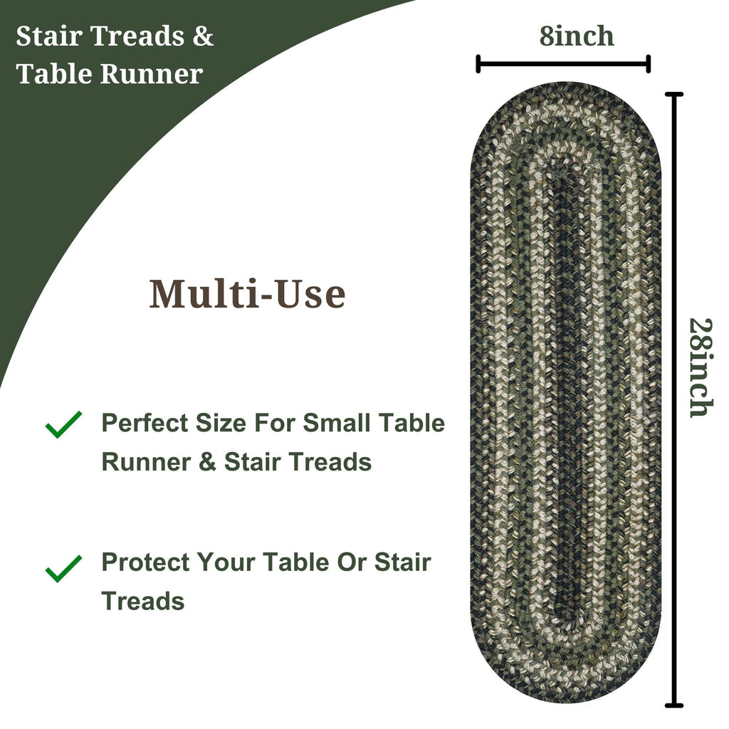 Homespice Pinecone Premium Jute Braided Stair Tread 8'' X 28'' (Set Of 13) Rectangular Green Reversible, Natural Jute Yarn Rusti