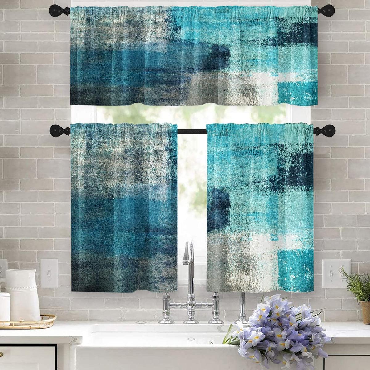 Tayney Turquoise Kitchen Curtains Teal Grey Window Curtains Valance And Tier Set 36 Inch, Modern Rod Pocket Short Tier Curtain,