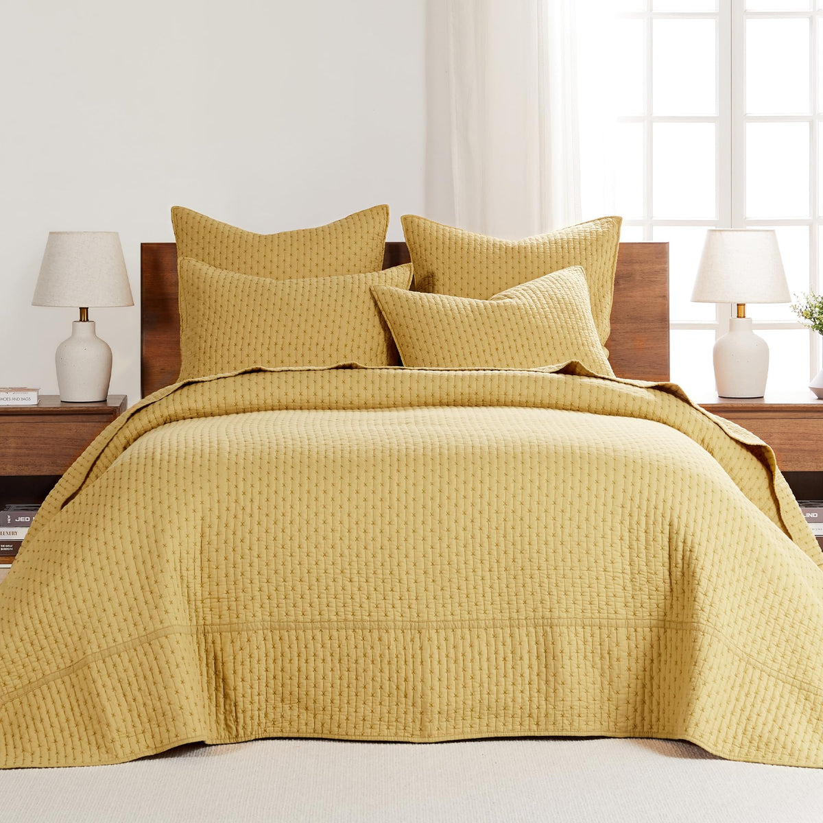 Levtex Home - Cross Stitch Ochre Bedspread Set - Full Quilted Bedspread And Two Standard Shams - Cross Stitch Pattern - Bedsprea