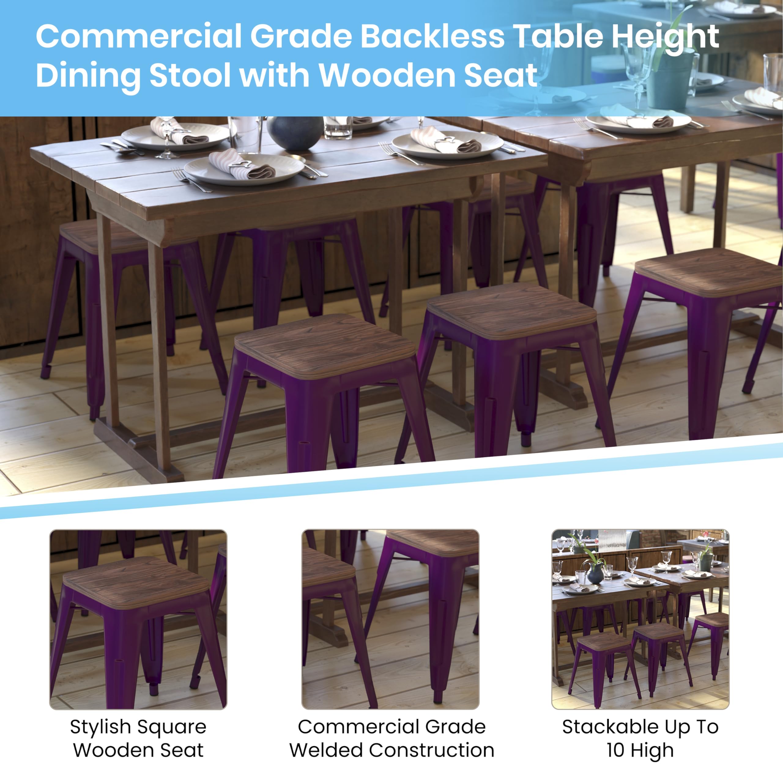 Flash Furniture Metal Dining Table Height Stool with Wooden Seat Set of 4 - Backless Purple Kai Commercial Grade Stool - Kai 18&quot; Stackable Dining Chairs