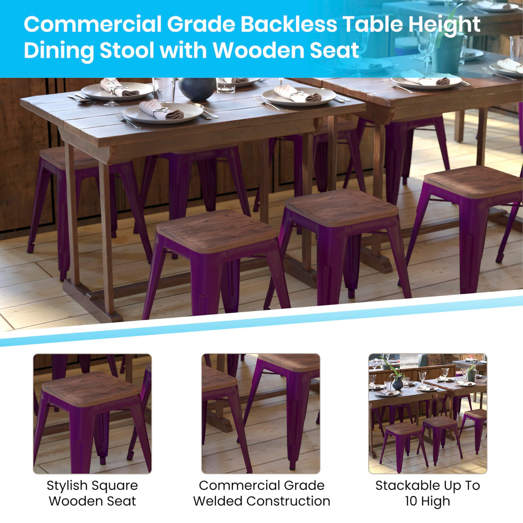 Flash Furniture Metal Dining Table Height Stool with Wooden Seat Set of 4 - Backless Purple Kai Commercial Grade Stool - Kai 18" Stackable Dining Chairs
