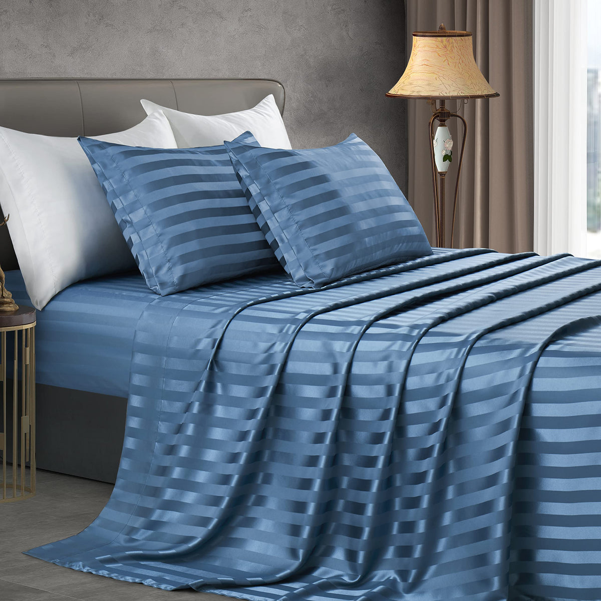 Manyshofu Slate Blue Satin Striped Sheets - 3Pcs Satin Sheets Twin Size, Cooling Silky Satin Bed Sheets Luxury Bedding Sheet Set