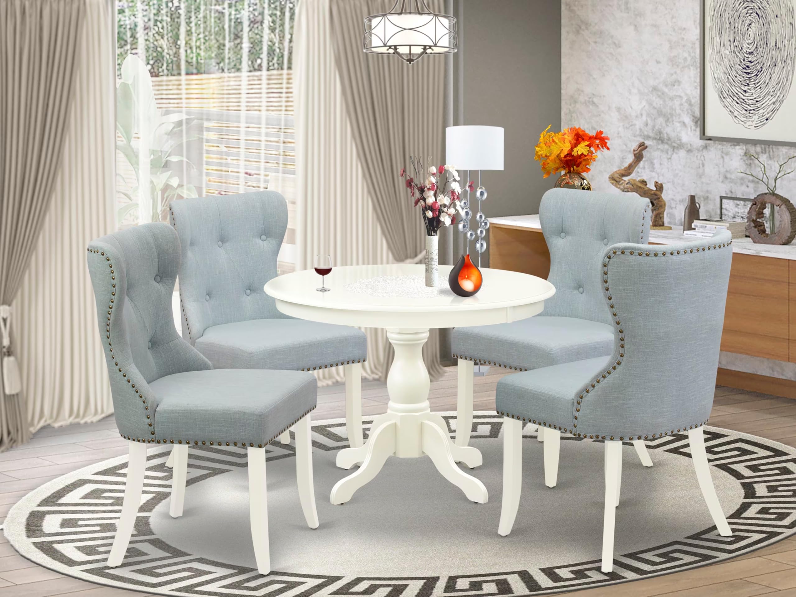East West Furniture HBSI5-LWH-15 5 Piece Kitchen Table & Chairs Set Includes a Round Dining Room Table with Pedestal and 4 Baby Blue Linen Fabric Parson Chairs, 42x42 Inch, Linen White