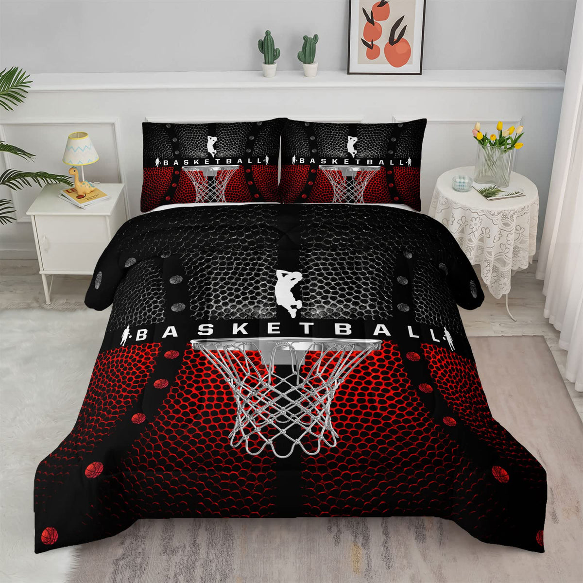 Axolotl Basketball Bedding Set For Boys Kids Teens,Soft Black And Red Sports Theme Basketball Bedding Sets Twin Size With 1 Comf