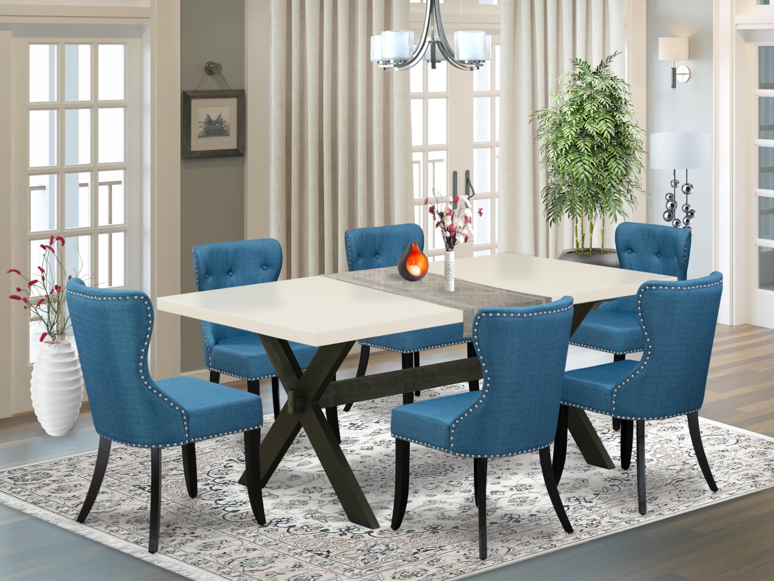 East West Furniture X627Si121-7 7 Piece Modern Dining Table Set Consist Of A Rectangle Wooden Table With X-Legs And 6 Blue Linen Fabric Parson Dining Chairs, 40X72 Inch, Multi-Color